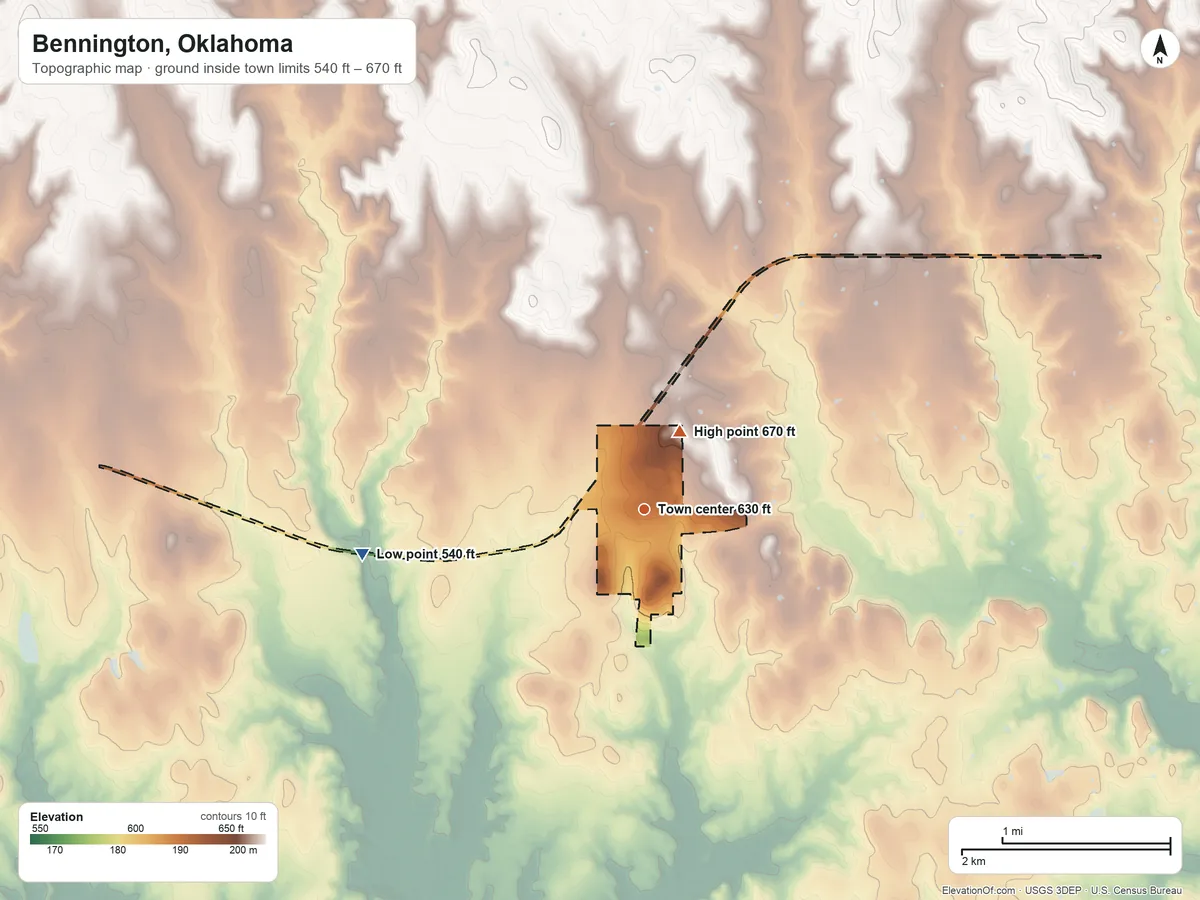 Topographic elevation map of Bennington, Oklahoma, shaded from 540 ft on the west side to 670 ft near the middle