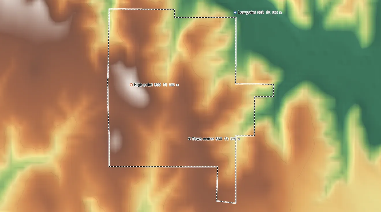 Topographic elevation map of Bentley, Oklahoma, shaded from 520 ft on the north side to 590 ft on the northwest side