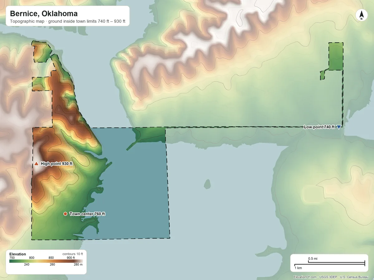 Topographic elevation map of Bernice, Oklahoma, shaded from 740 ft on the east side to 930 ft on the northwest side