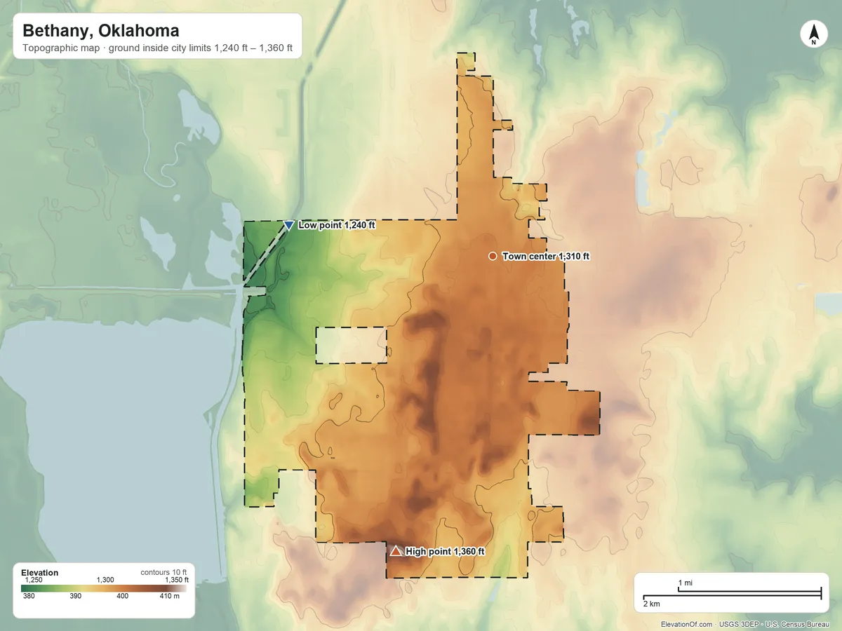 Topographic elevation map of Bethany, Oklahoma, shaded from 1,240 ft on the west side to 1,360 ft on the south side