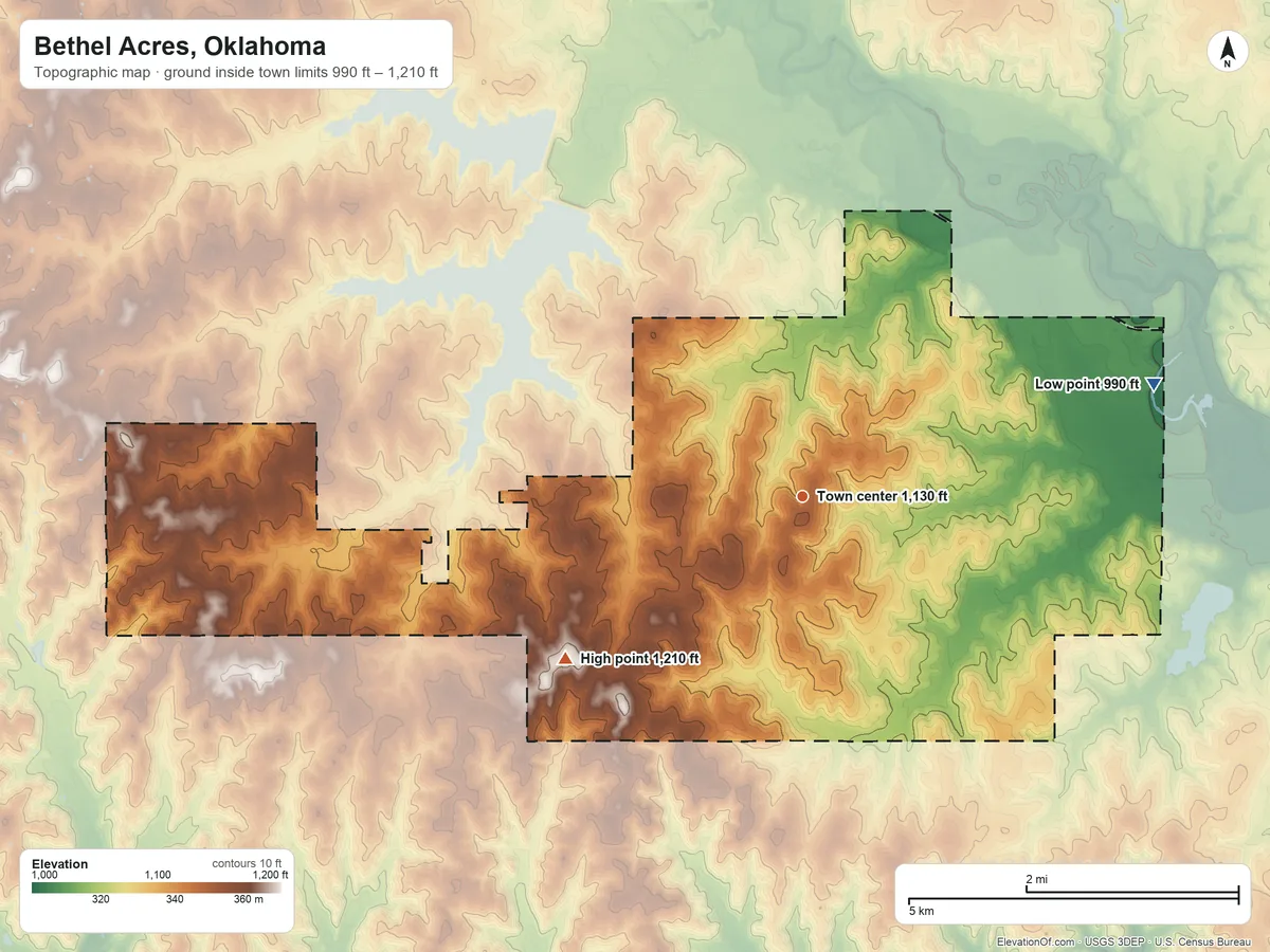 Topographic elevation map of Bethel Acres, Oklahoma, shaded from 990 ft on the east side to 1,210 ft on the southwest side