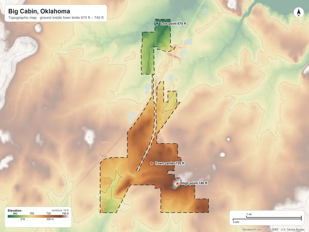 Topographic elevation map of Big Cabin, Oklahoma, shaded from 670 ft on the north side to 740 ft on the southeast side