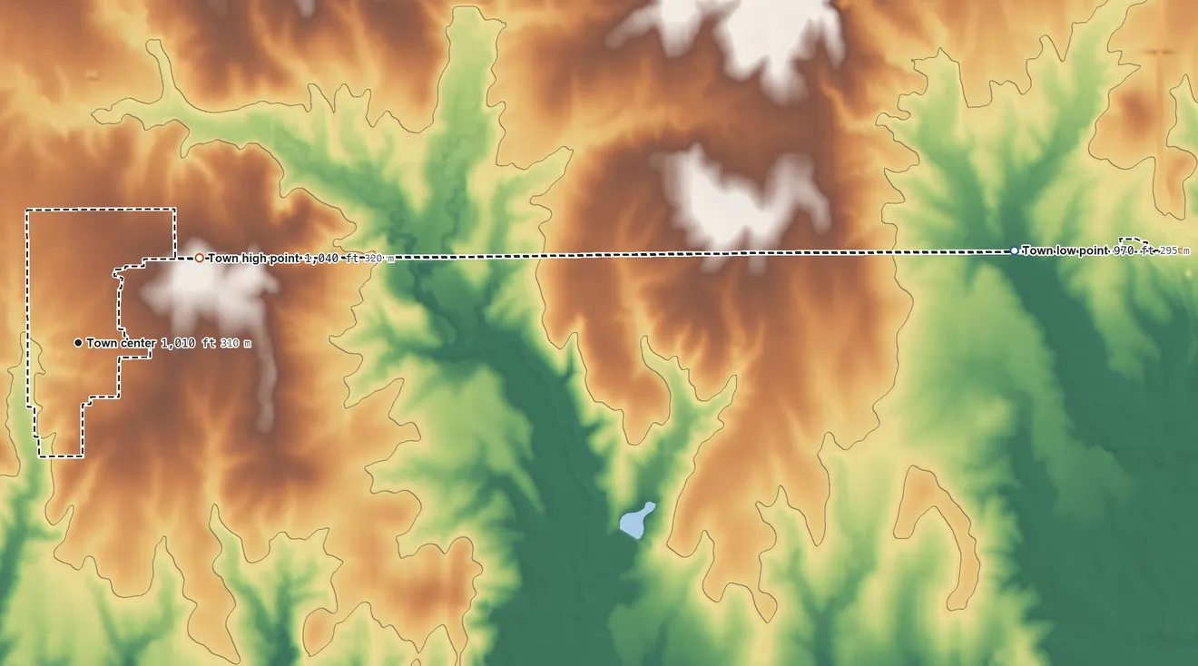 Topographic elevation map of Billings, Oklahoma, shaded from 970 ft on the east side to 1,040 ft on the northeast side