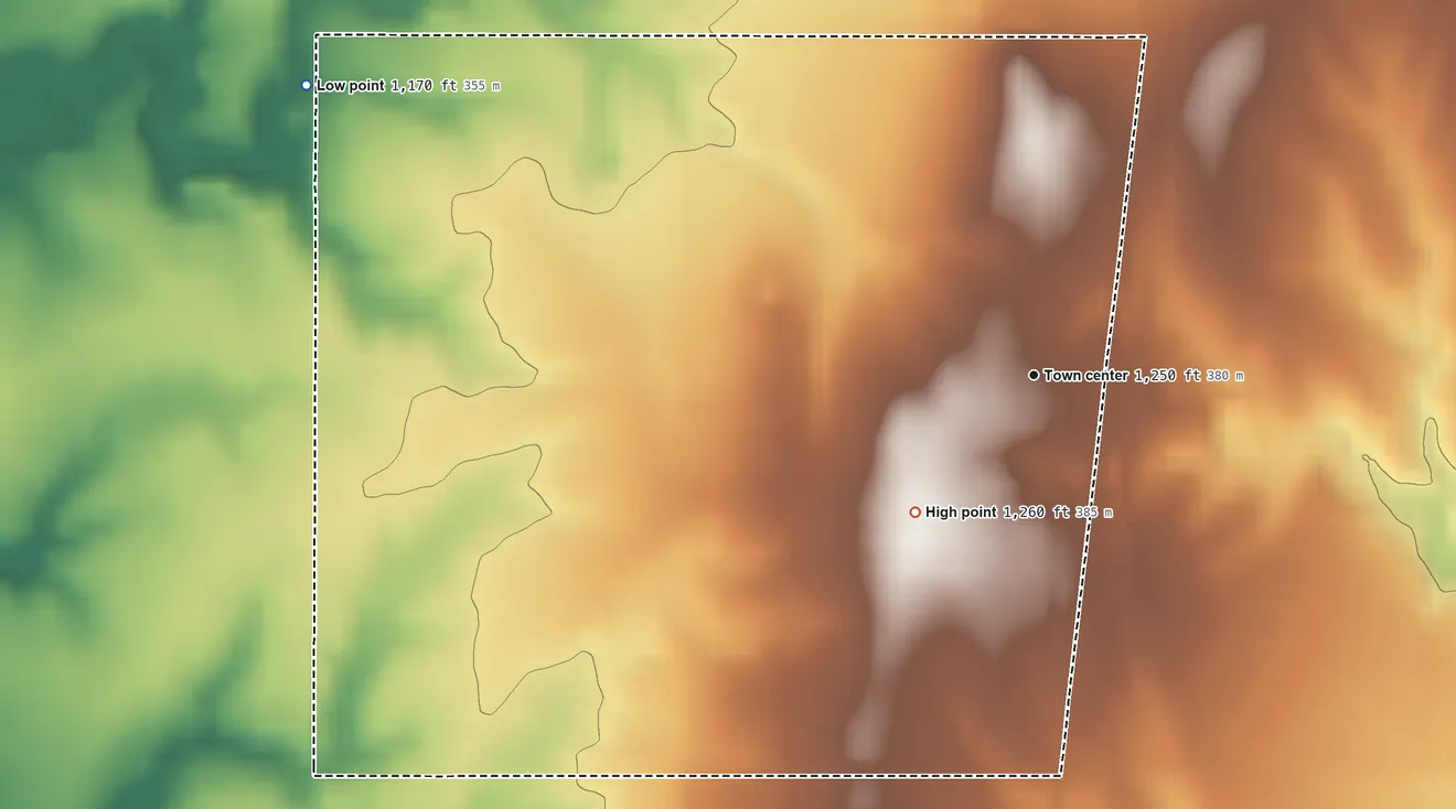 Topographic elevation map of Bison, Oklahoma, shaded from 1,170 ft on the west side to 1,260 ft on the southwest side