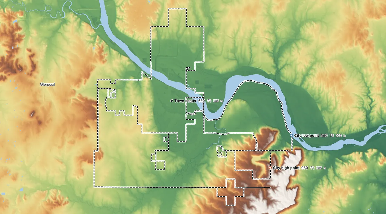 Topographic elevation map of Bixby, Oklahoma, shaded from 560 ft on the east side to 930 ft on the southeast side