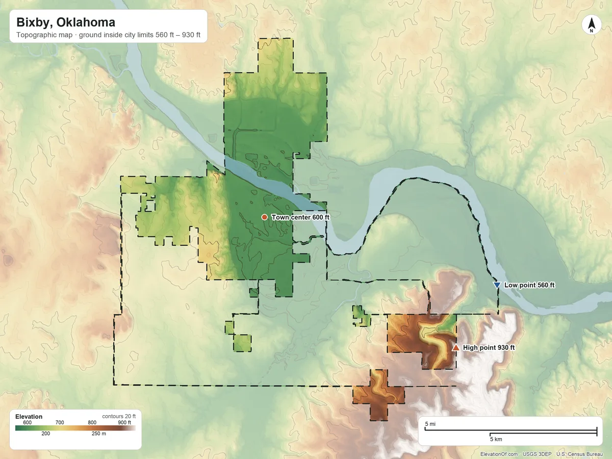 Topographic elevation map of Bixby, Oklahoma, shaded from 560 ft on the east side to 930 ft on the southeast side