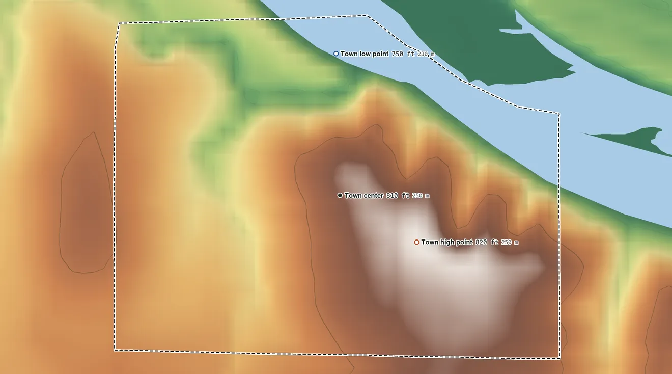 Topographic elevation map of Blackburn, Oklahoma, shaded from 750 ft on the north side to 820 ft on the southeast side