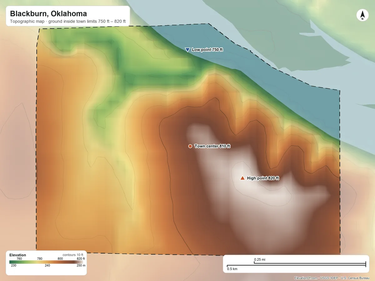 Topographic elevation map of Blackburn, Oklahoma, shaded from 750 ft on the north side to 820 ft on the southeast side