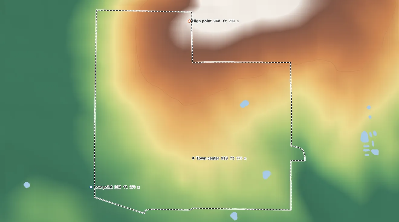 Topographic elevation map of Blackgum, Oklahoma, shaded from 880 ft on the west side to 940 ft on the north side