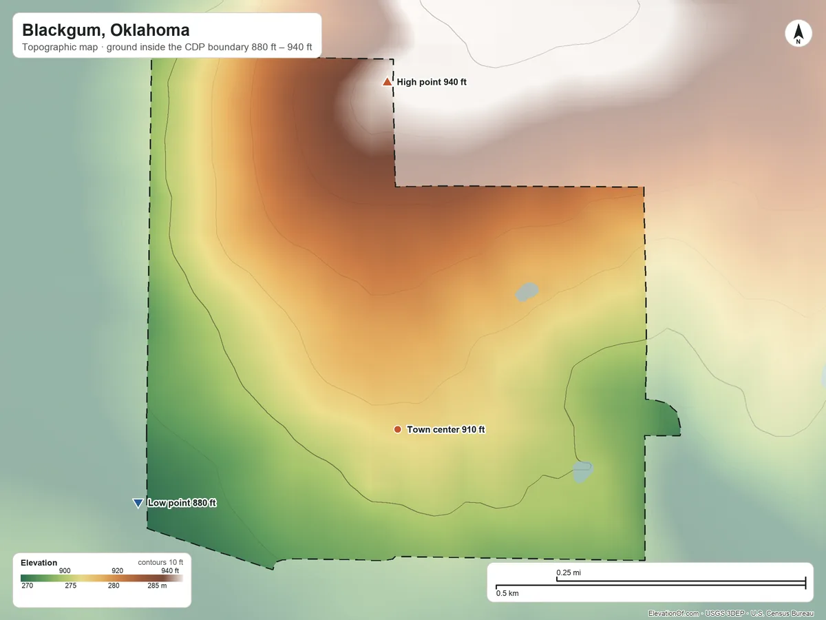 Topographic elevation map of Blackgum, Oklahoma, shaded from 880 ft on the west side to 940 ft on the north side