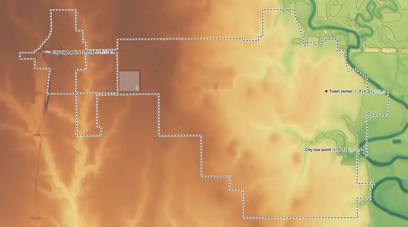 Topographic elevation map of Blackwell, Oklahoma, shaded from 970 ft on the southeast side to 1,090 ft on the west side