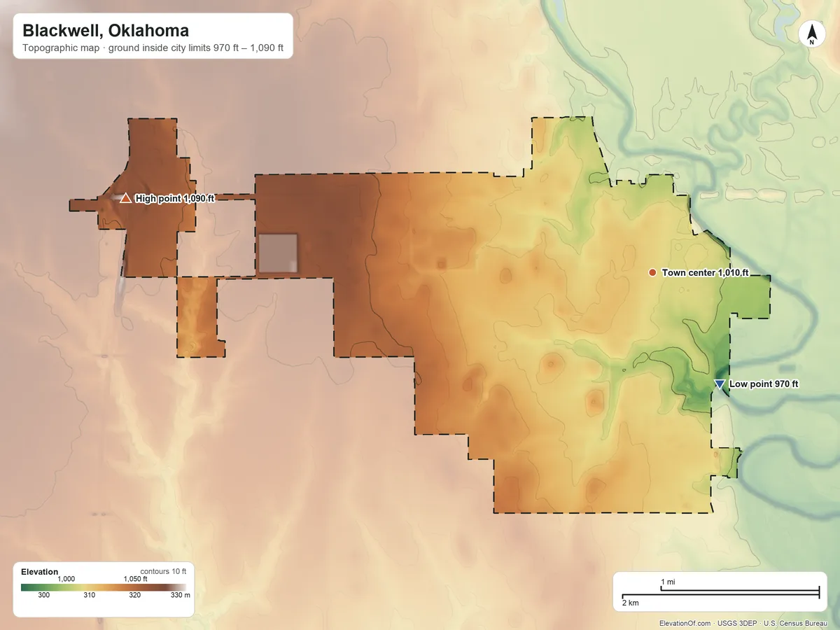 Topographic elevation map of Blackwell, Oklahoma, shaded from 970 ft on the southeast side to 1,090 ft on the west side