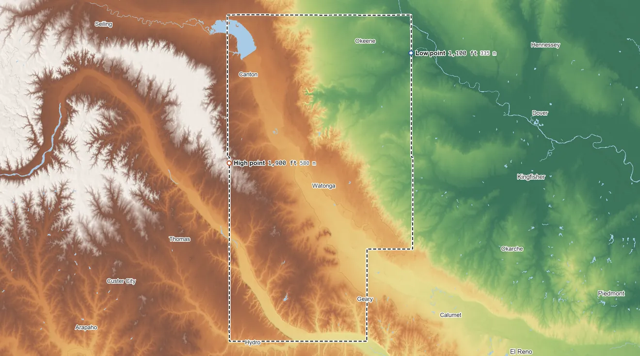Topographic elevation map of Blaine County, Oklahoma, shaded from 1,100 ft on the northeast side to 1,900 ft on the west side