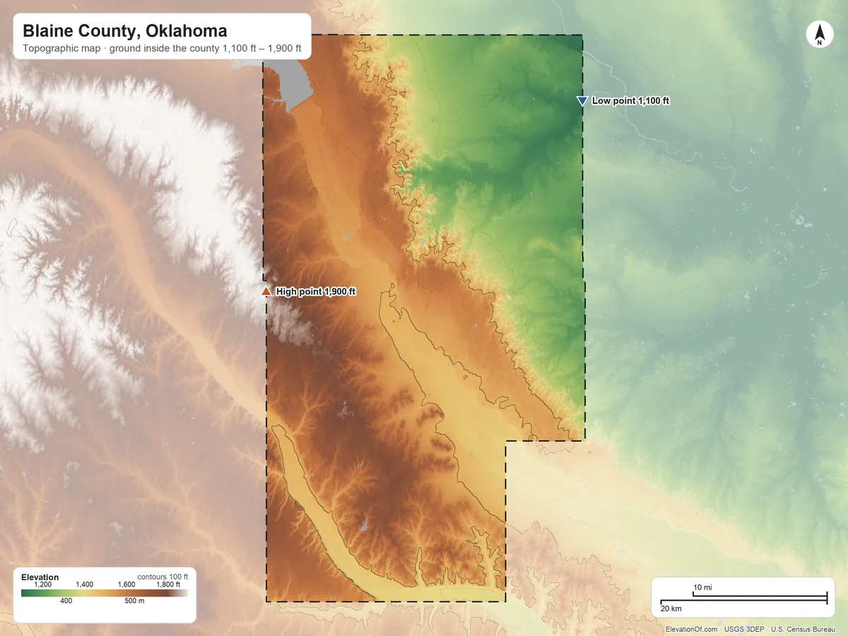 Topographic elevation map of Blaine County, Oklahoma, shaded from 1,100 ft on the northeast side to 1,900 ft on the west side