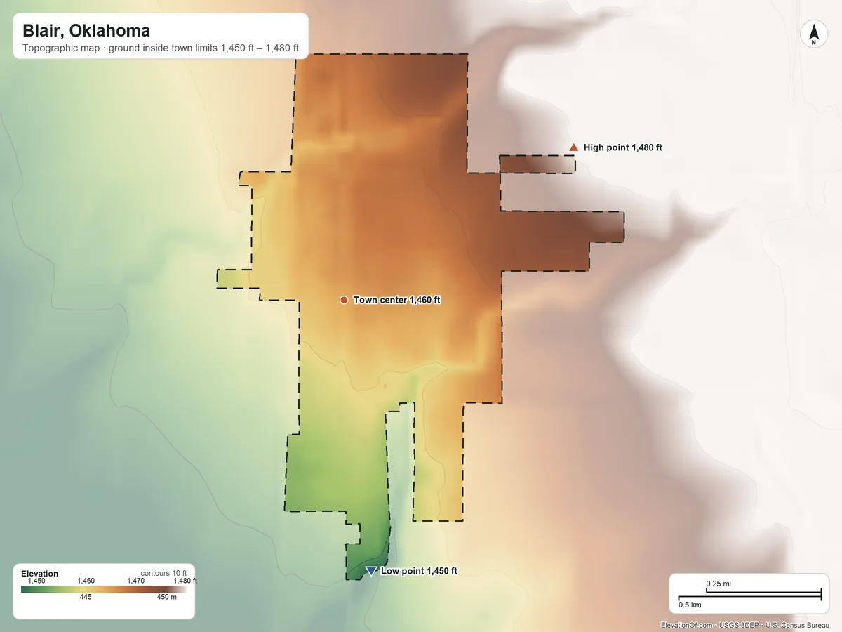 Topographic elevation map of Blair, Oklahoma, shaded from 1,450 ft on the south side to 1,480 ft on the northeast side