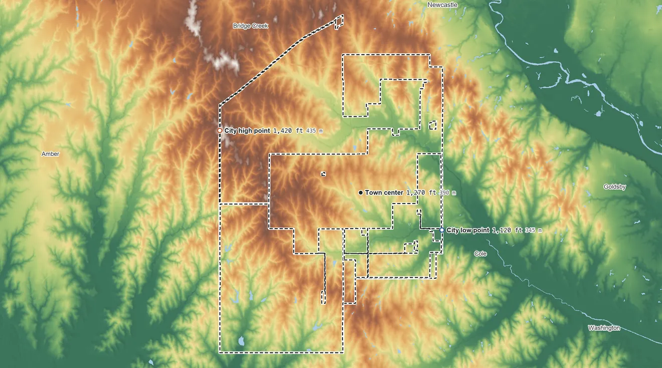 Topographic elevation map of Blanchard, Oklahoma, shaded from 1,120 ft on the southeast side to 1,420 ft on the northwest side