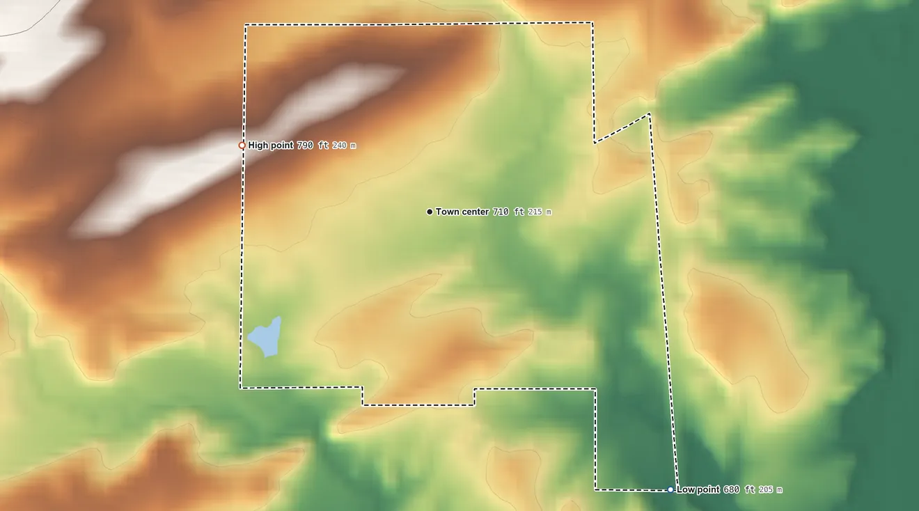 Topographic elevation map of Blanco, Oklahoma, shaded from 680 ft on the southeast side to 790 ft on the west side