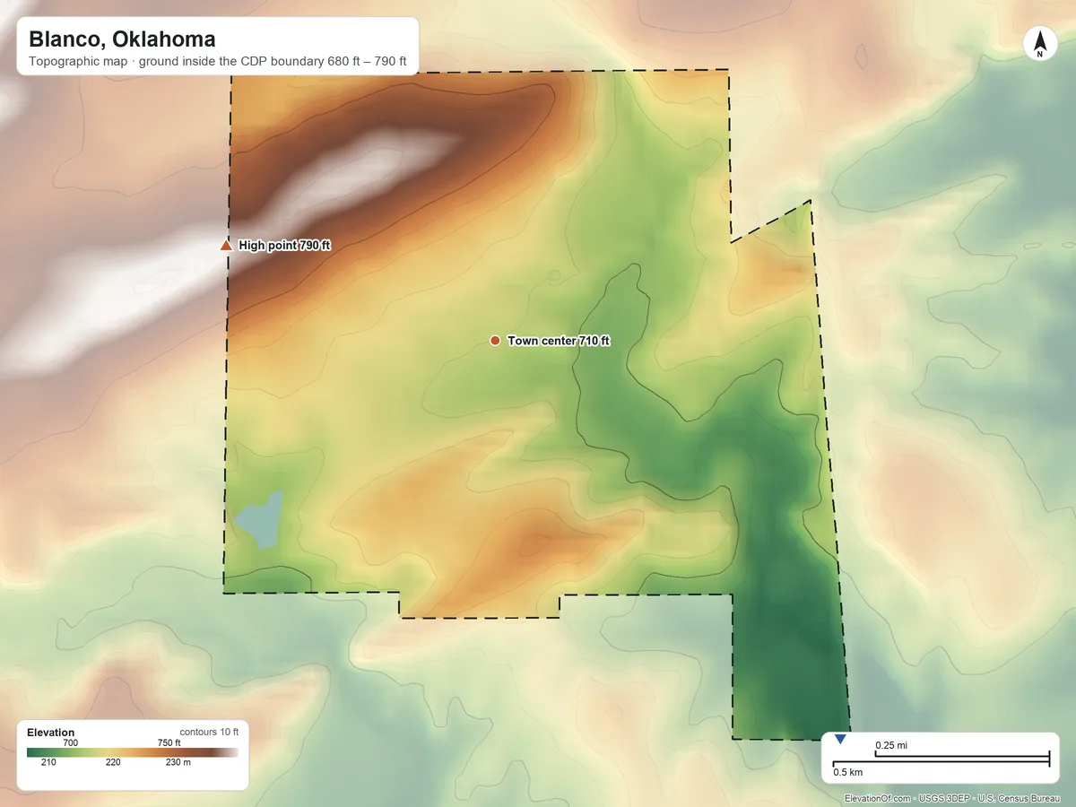 Topographic elevation map of Blanco, Oklahoma, shaded from 680 ft on the southeast side to 790 ft on the west side