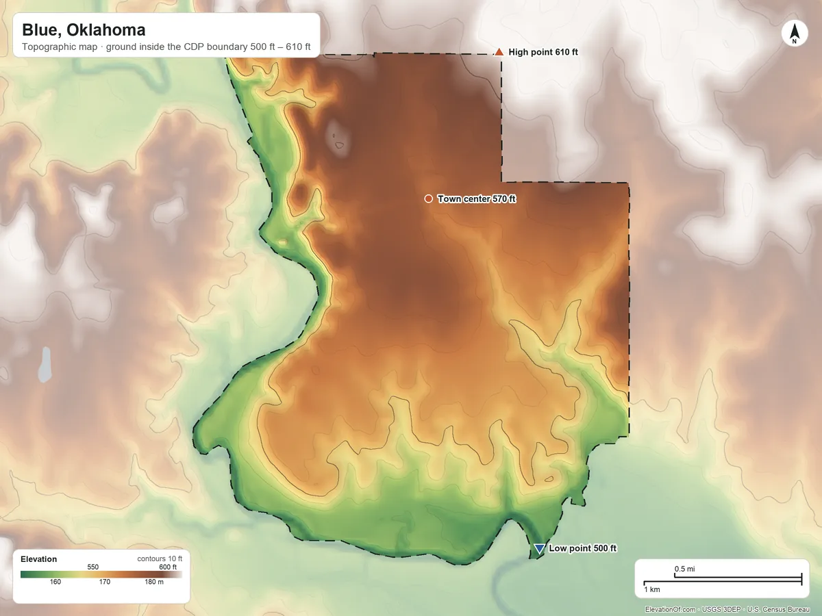 Topographic elevation map of Blue, Oklahoma, shaded from 500 ft on the south side to 610 ft on the northeast side