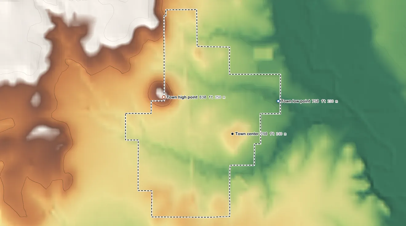 Topographic elevation map of Bluejacket, Oklahoma, shaded from 750 ft on the northeast side to 830 ft on the northwest side