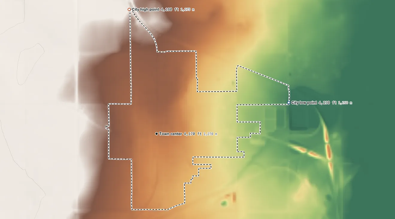 Topographic elevation map of Boise City, Oklahoma, shaded from 4,130 ft on the east side to 4,180 ft on the north side