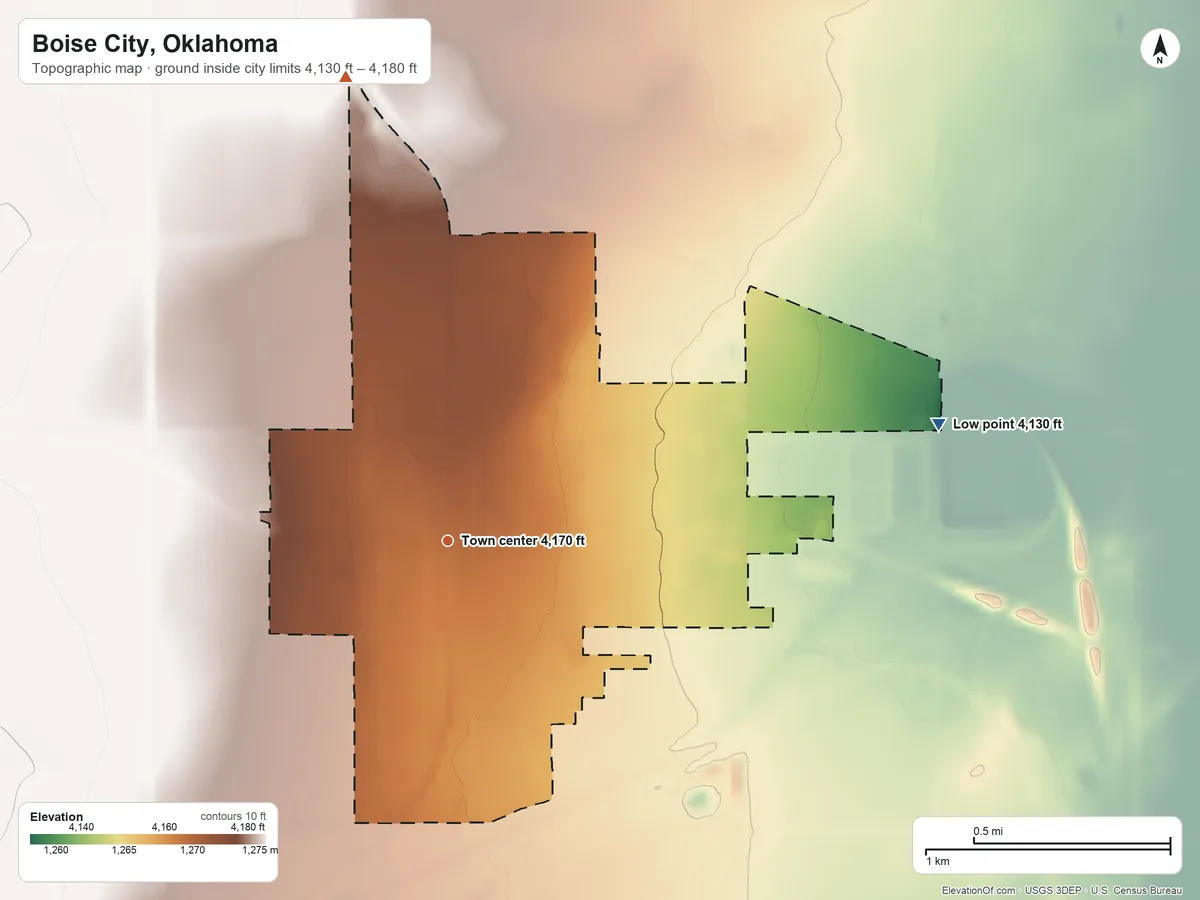 Topographic elevation map of Boise City, Oklahoma, shaded from 4,130 ft on the east side to 4,180 ft on the north side