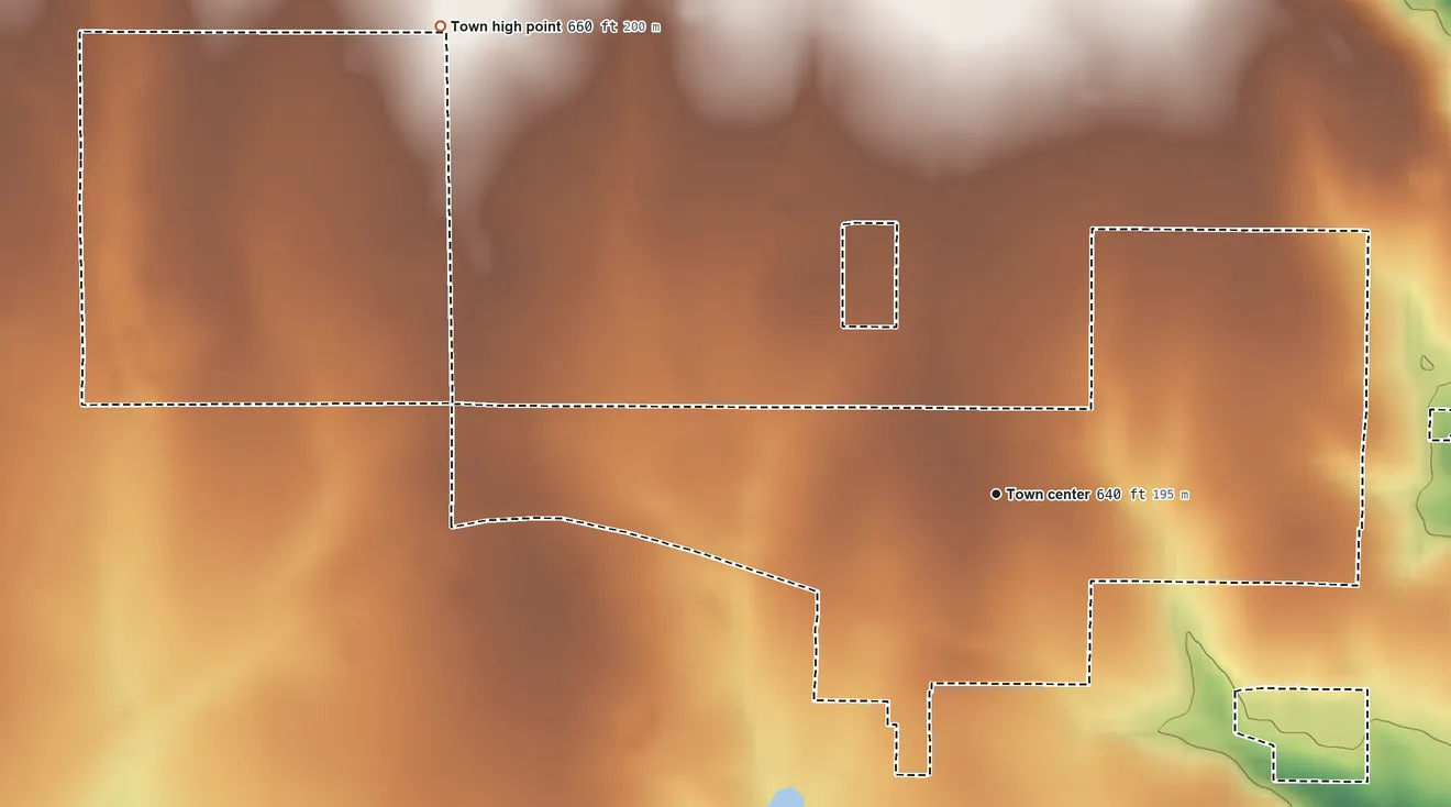 Topographic elevation map of Bokchito, Oklahoma, shaded from 570 ft on the east side to 660 ft on the northwest side