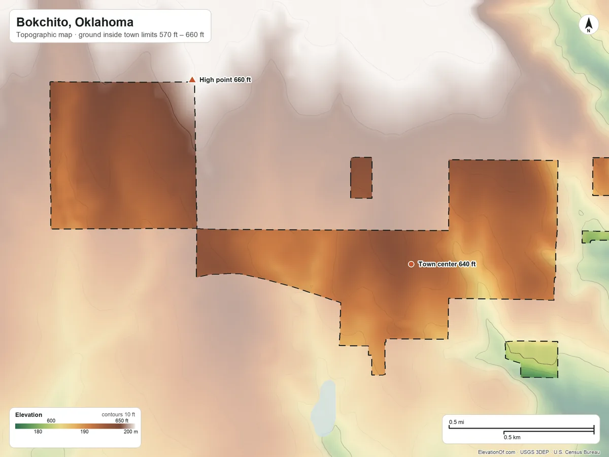 Topographic elevation map of Bokchito, Oklahoma, shaded from 570 ft on the east side to 660 ft on the northwest side