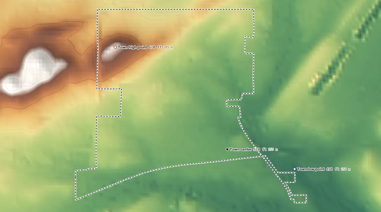 Topographic elevation map of Bokoshe, Oklahoma, shaded from 490 ft on the east side to 670 ft on the northwest side