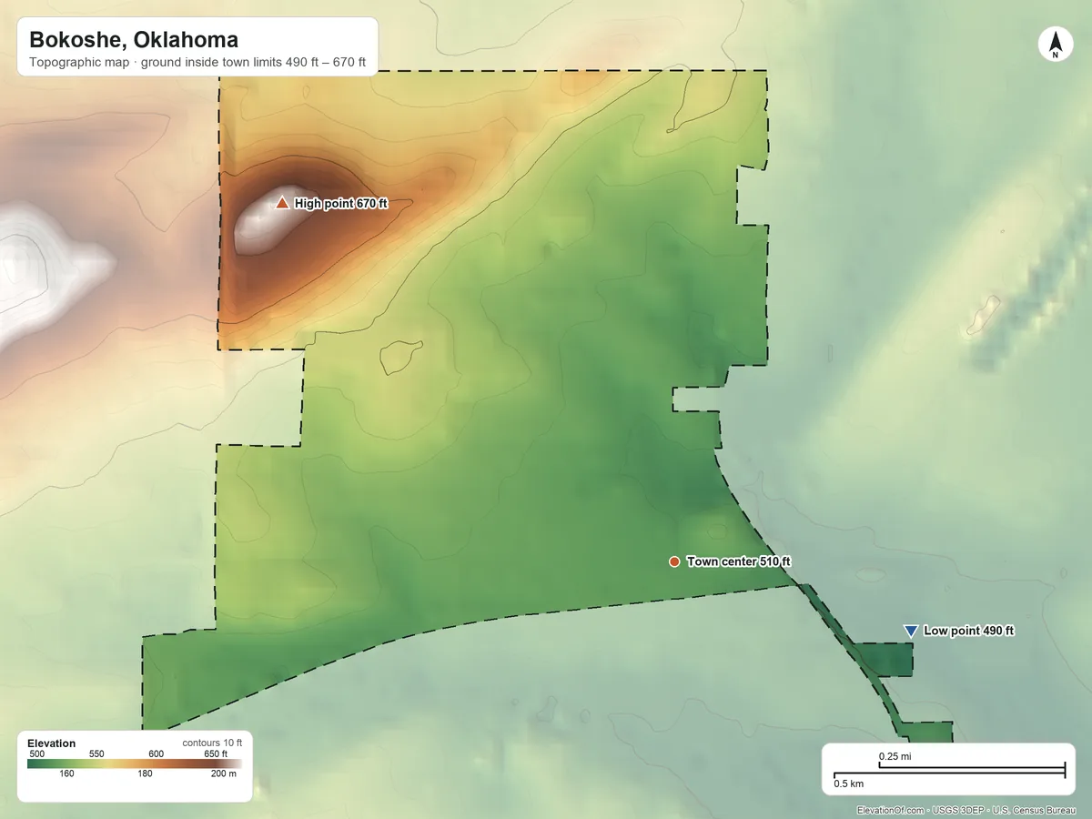 Topographic elevation map of Bokoshe, Oklahoma, shaded from 490 ft on the east side to 670 ft on the northwest side