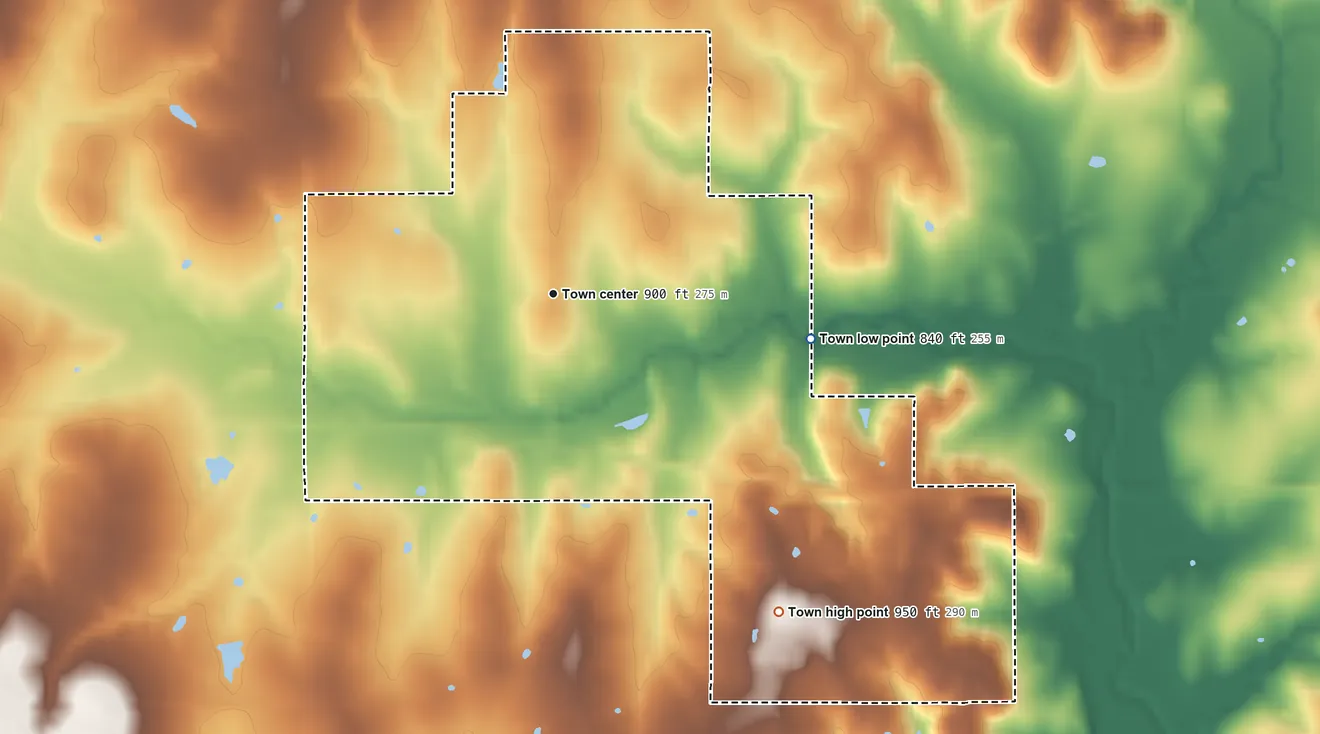 Topographic elevation map of Boley, Oklahoma, shaded from 840 ft on the east side to 950 ft on the southeast side