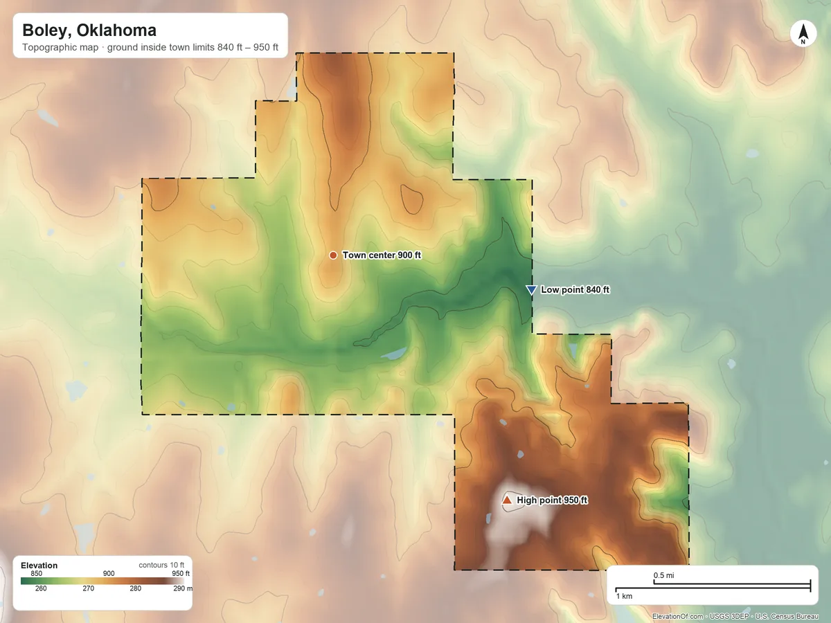 Topographic elevation map of Boley, Oklahoma, shaded from 840 ft on the east side to 950 ft on the southeast side