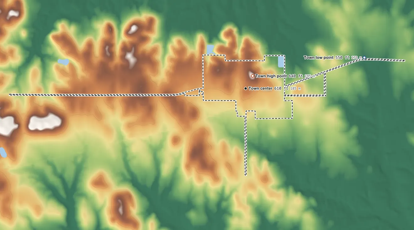 Topographic elevation map of Boswell, Oklahoma, shaded from 550 ft on the east side to 640 ft near the middle