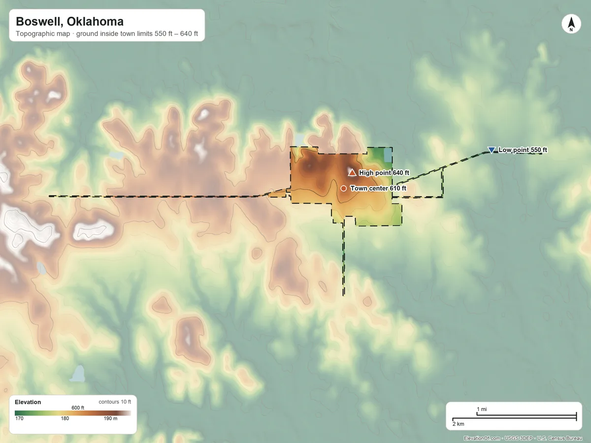 Topographic elevation map of Boswell, Oklahoma, shaded from 550 ft on the east side to 640 ft near the middle