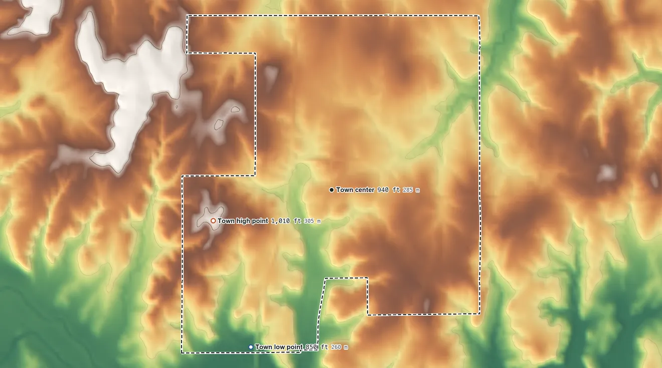 Topographic elevation map of Bowlegs, Oklahoma, shaded from 850 ft on the southwest side to 1,010 ft on the west side