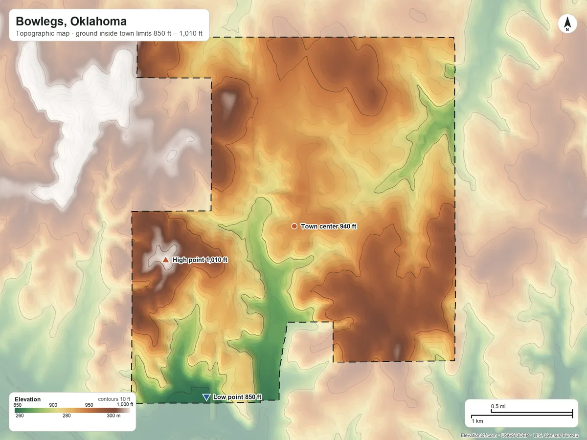 Topographic elevation map of Bowlegs, Oklahoma, shaded from 850 ft on the southwest side to 1,010 ft on the west side