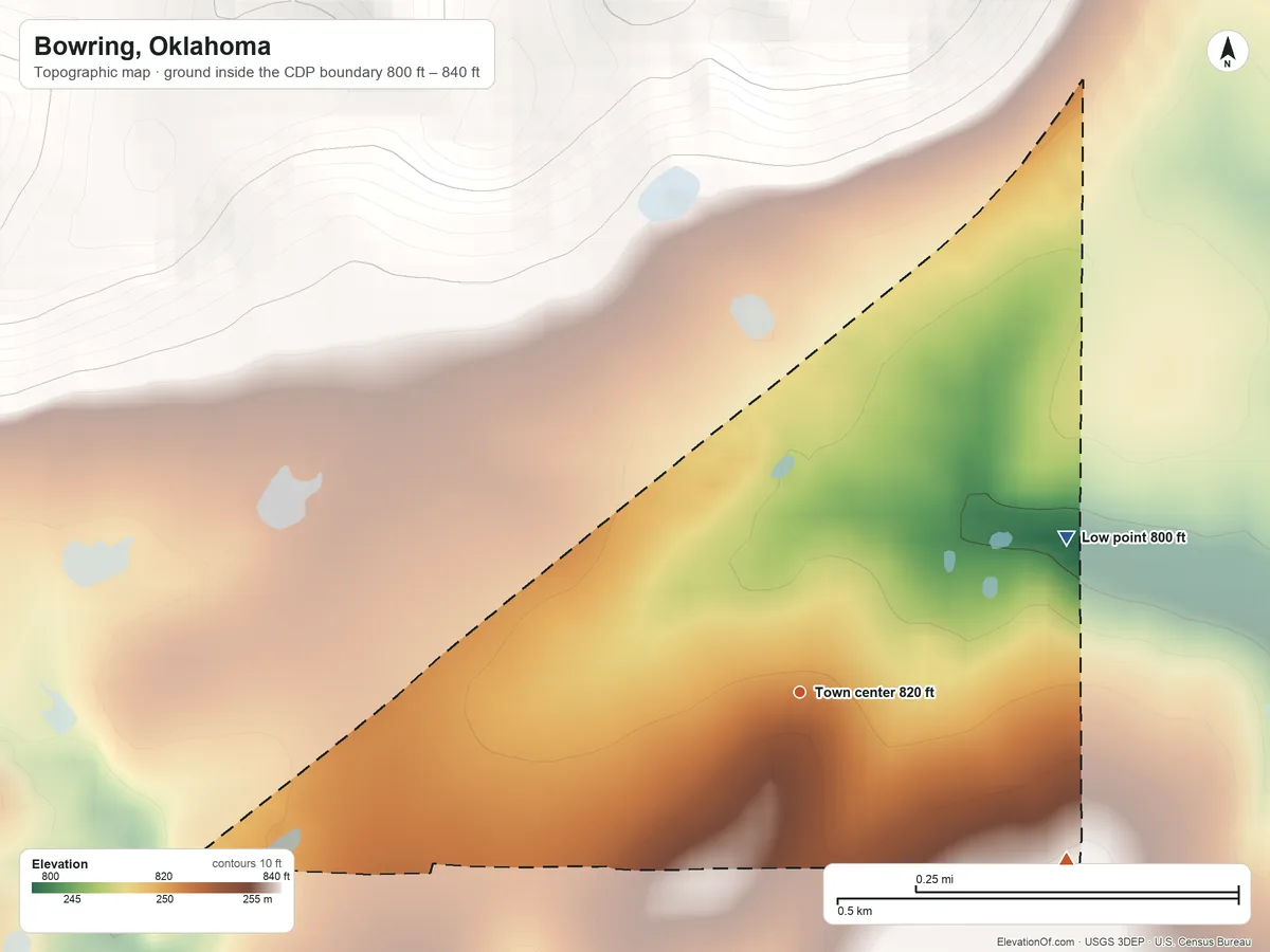Topographic elevation map of Bowring, Oklahoma, shaded from 800 ft on the northeast side to 840 ft on the southeast side