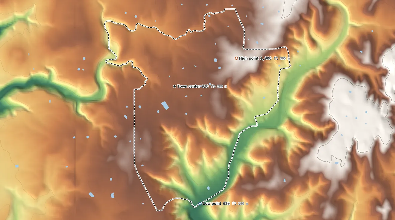 Topographic elevation map of Box, Oklahoma, shaded from 630 ft on the south side to 1,000 ft on the northeast side