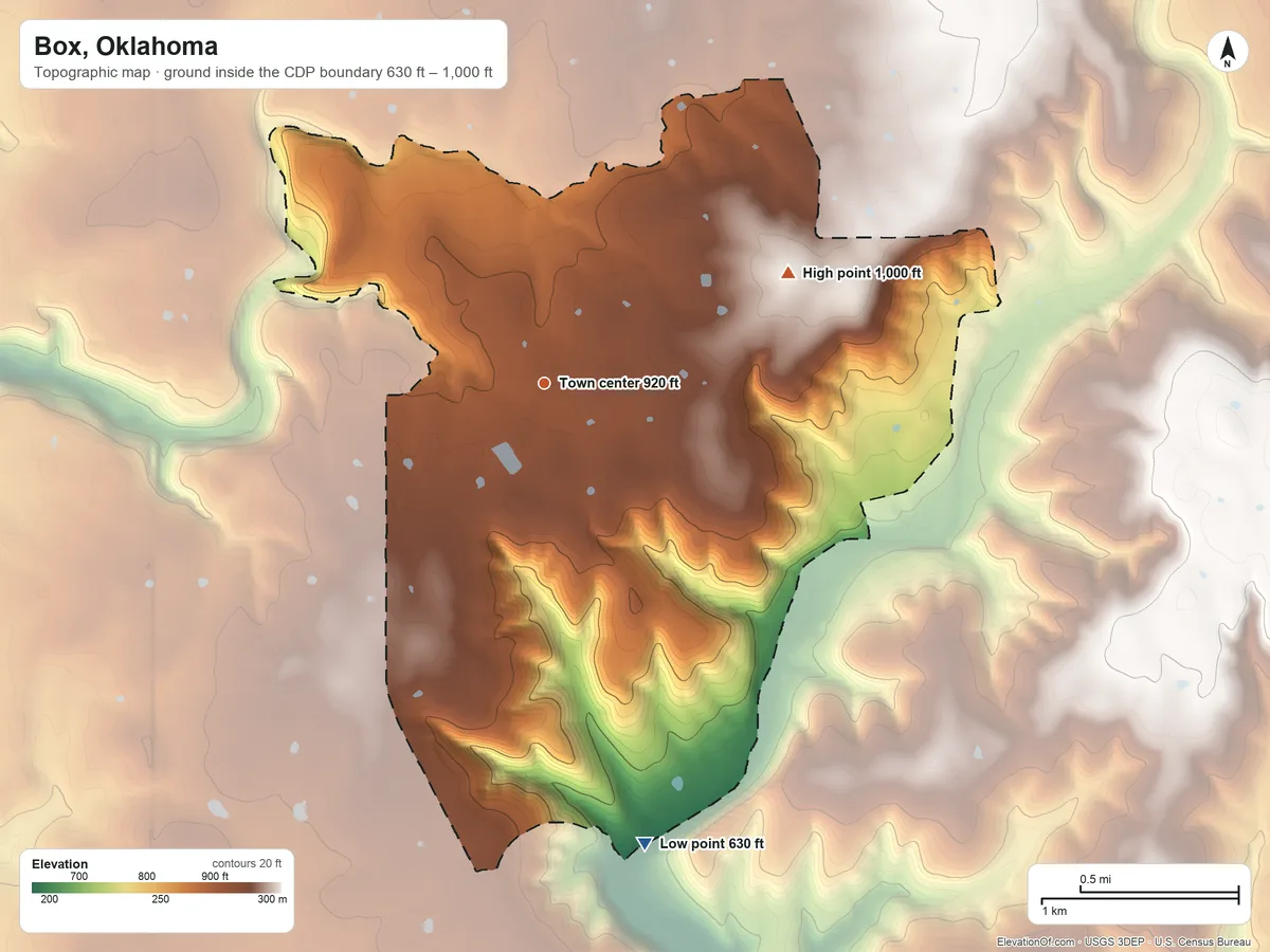 Topographic elevation map of Box, Oklahoma, shaded from 630 ft on the south side to 1,000 ft on the northeast side
