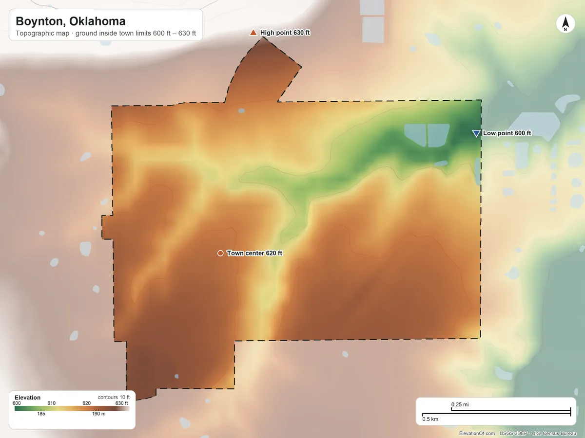 Topographic elevation map of Boynton, Oklahoma, shaded from 600 ft on the northeast side to 630 ft on the north side