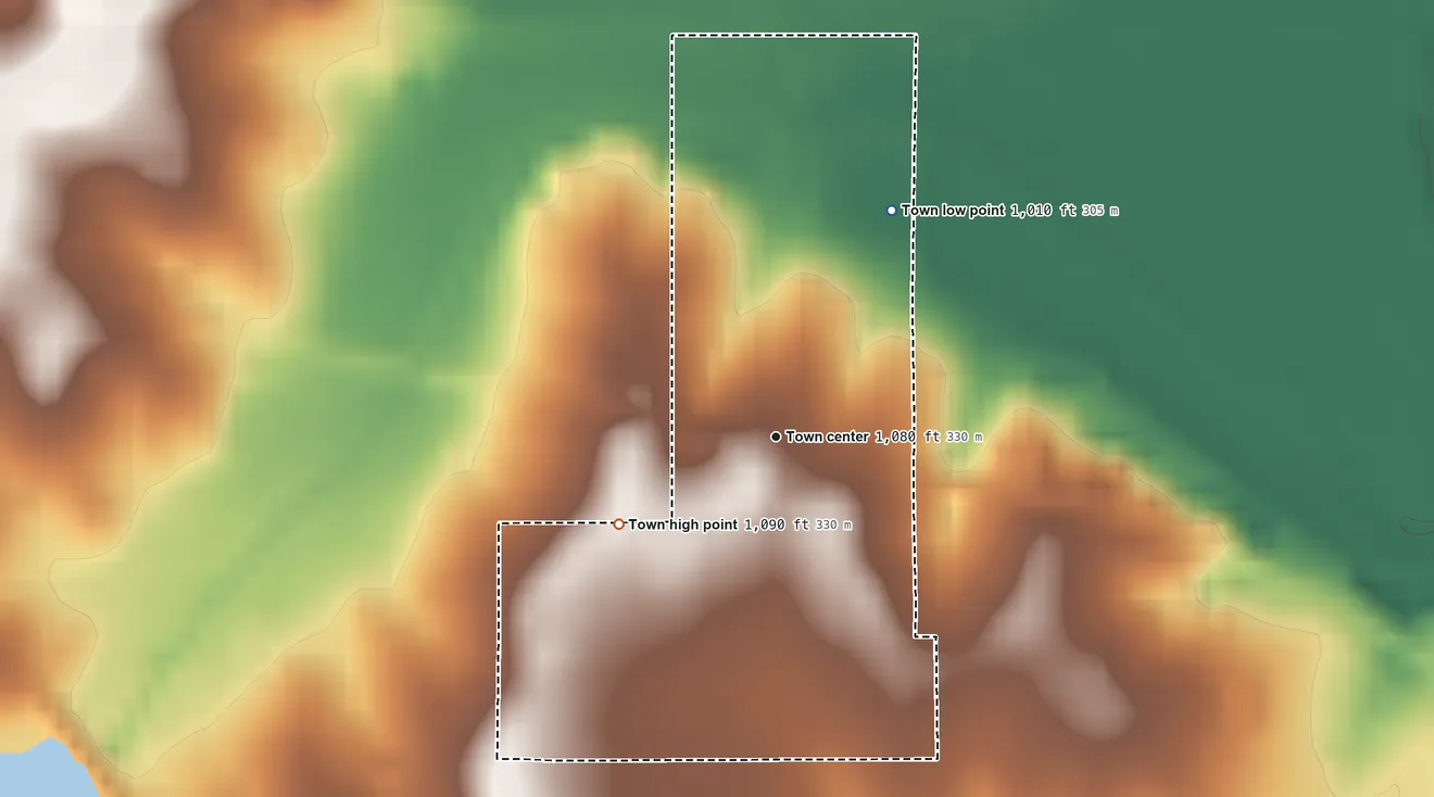 Topographic elevation map of Bradley, Oklahoma, shaded from 1,010 ft on the northeast side to 1,090 ft on the southwest side