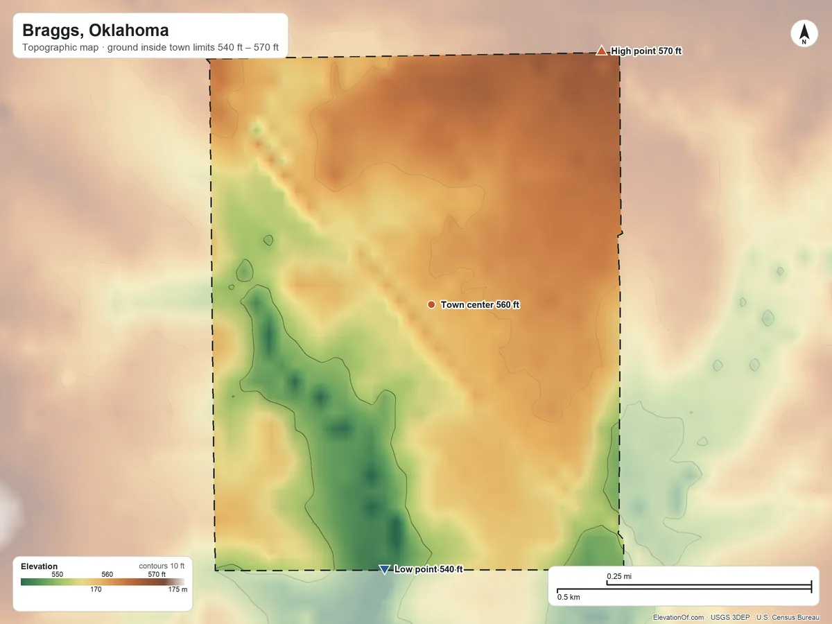 Topographic elevation map of Braggs, Oklahoma, shaded from 540 ft on the south side to 570 ft on the northeast side