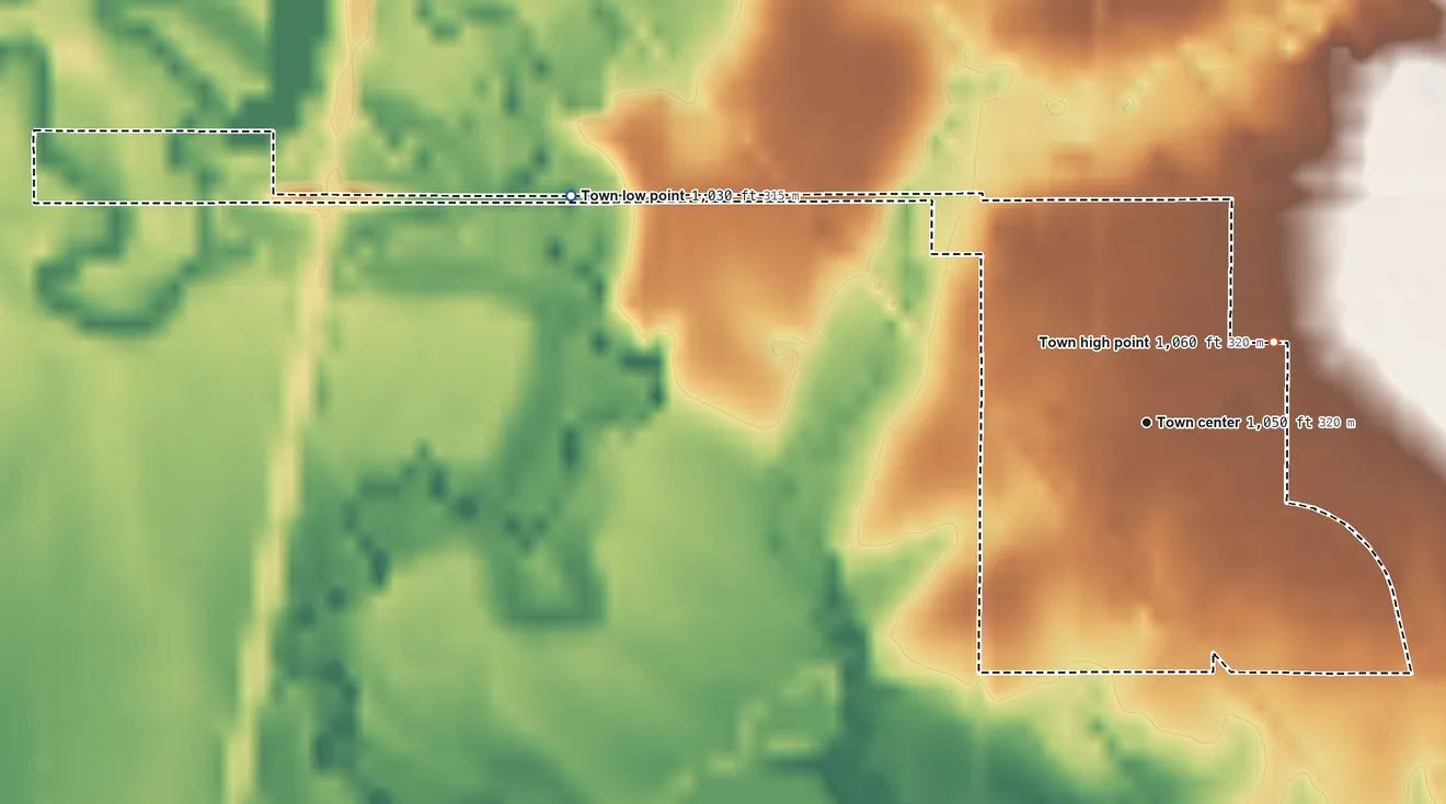 Topographic elevation map of Braman, Oklahoma, shaded from 1,030 ft on the west side to 1,060 ft on the northeast side