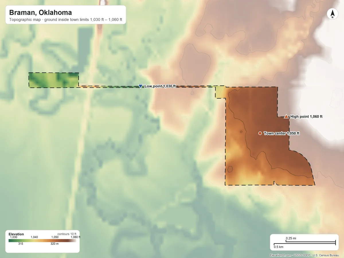 Topographic elevation map of Braman, Oklahoma, shaded from 1,030 ft on the west side to 1,060 ft on the northeast side