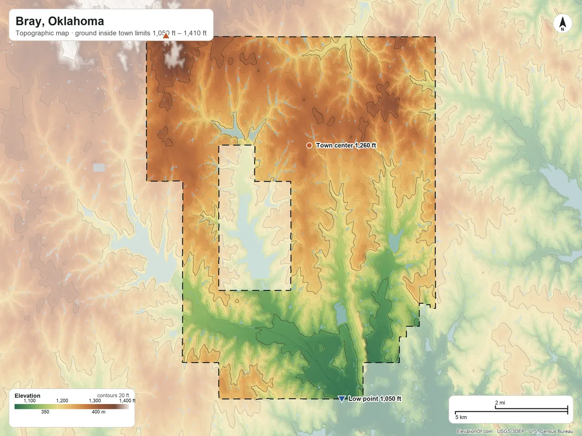 Topographic elevation map of Bray, Oklahoma, shaded from 1,050 ft on the south side to 1,410 ft on the northwest side