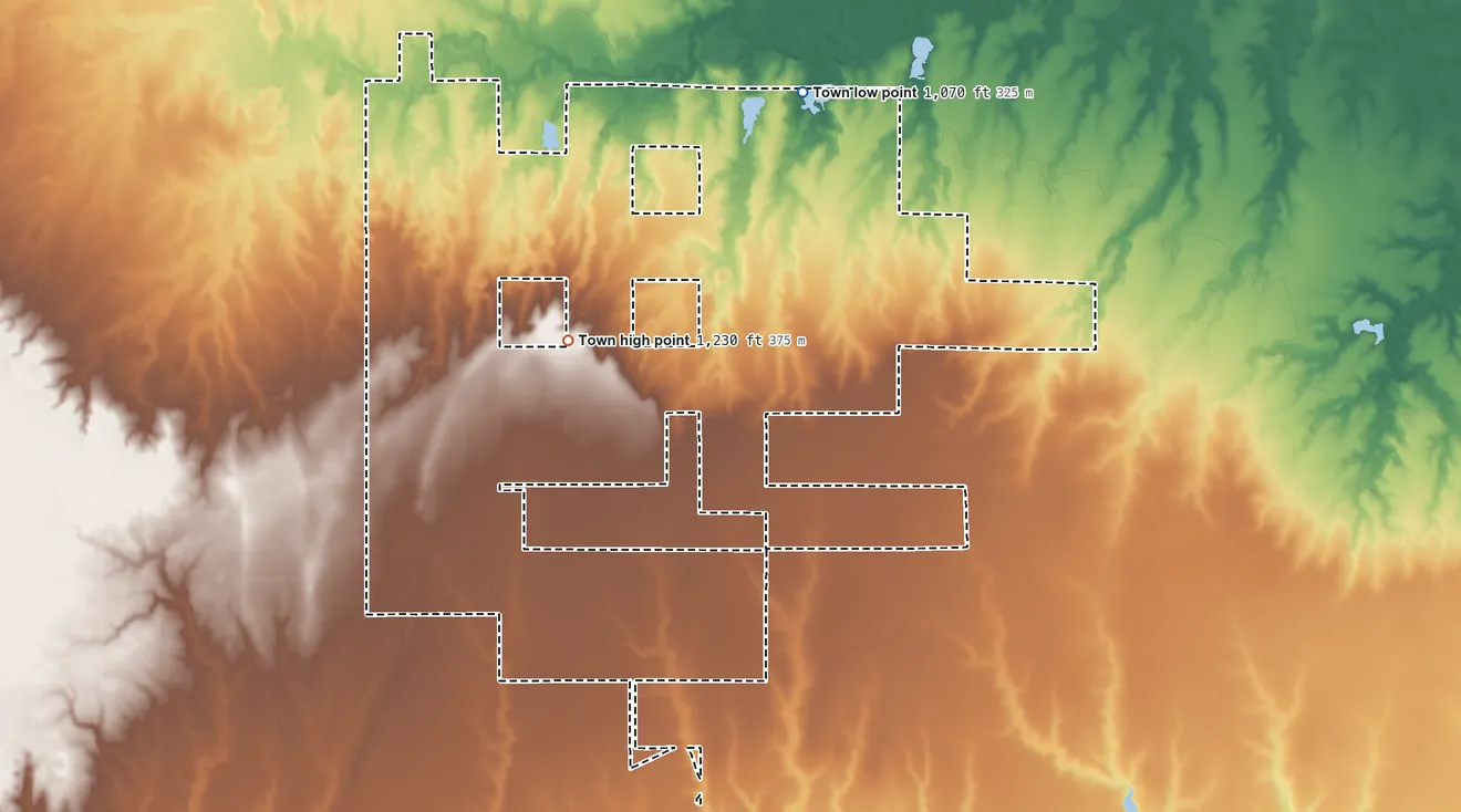 Topographic elevation map of Breckenridge, Oklahoma, shaded from 1,070 ft on the north side to 1,230 ft on the north side