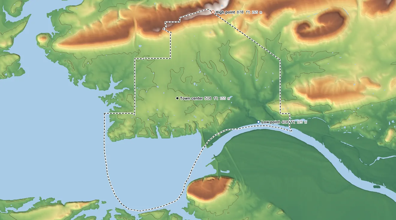 Topographic elevation map of Brent, Oklahoma, shaded from 410 ft on the east side to 870 ft on the north side
