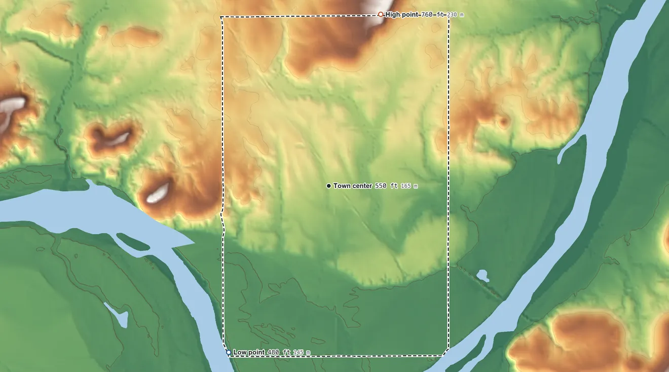 Topographic elevation map of Briartown, Oklahoma, shaded from 480 ft on the southwest side to 760 ft on the north side