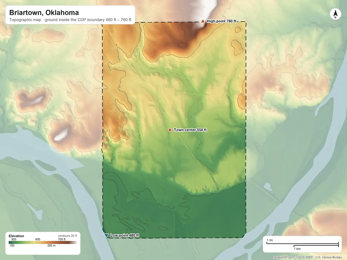 Topographic elevation map of Briartown, Oklahoma, shaded from 480 ft on the southwest side to 760 ft on the north side