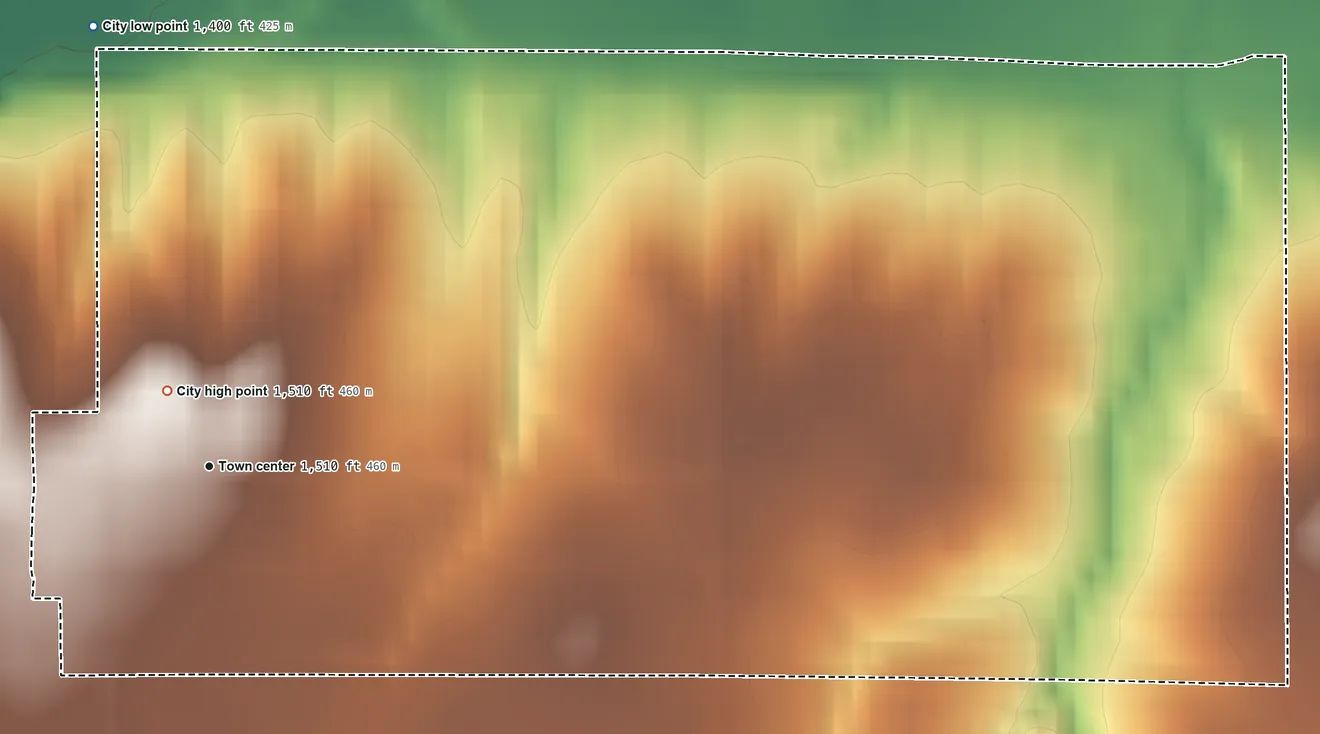 Topographic elevation map of Bridgeport, Oklahoma, shaded from 1,400 ft on the north side to 1,510 ft near the middle